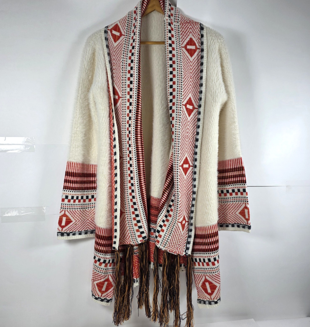 Maxsport Aztec Fringe Trim L Open Front Long Cardigan Sweater Southwestern Boho